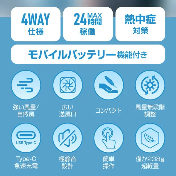 日本JP直送 6000mAh 手持頸扇,靜音,便攜,檯扇或坐扇 {10月30截單;預計10-14 工作天發貨}