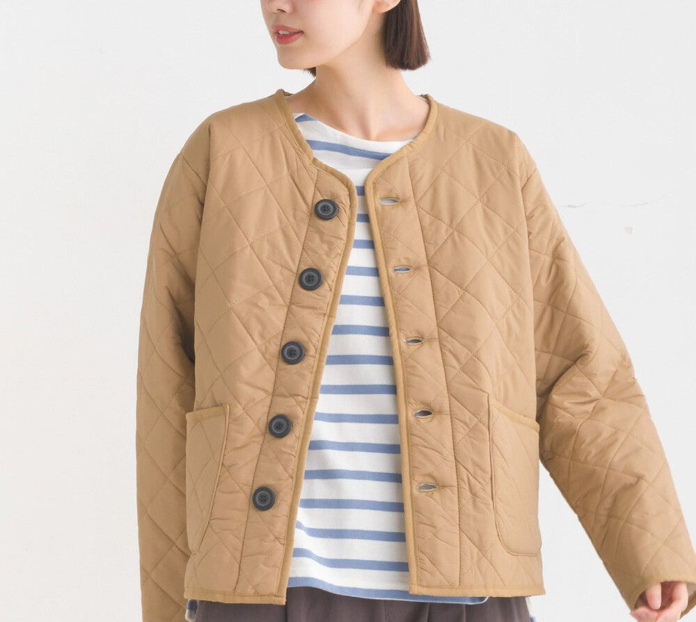 日本JP 直送 女士毛絨內襯高密度尼龍絎縫無領外套 {1月15截單;預計10-14工作天發貨}