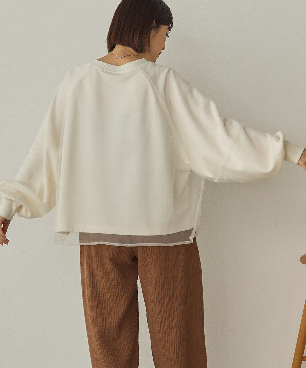 曰本JP直送 紗蕾絲層疊蓬鬆袖印花套頭衫{11月30截單;預計10-14工作天發貨}