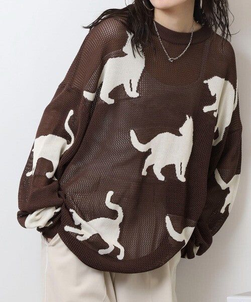 日本JP 直 送 行走貓咪圖案薄紗針織衫{11月30截單;預計10-14工作天發貨}