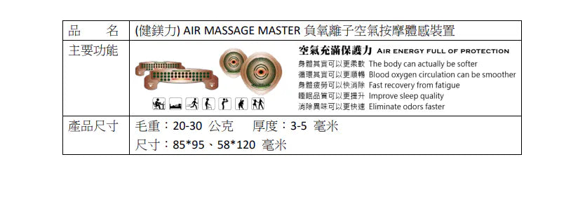 (健鎂力) AIR MASSAGE MASTER 體感式(空氣按摩)高效能濾菌機|負氧離子空氣按摩體感裝置|風扇|空調 {8月2截單;預計10-14 工作天發貨}