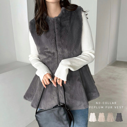 曰本JP直送  無領荷葉邊皮草背心 {11月30截單;預計10-14工作天發貨｝