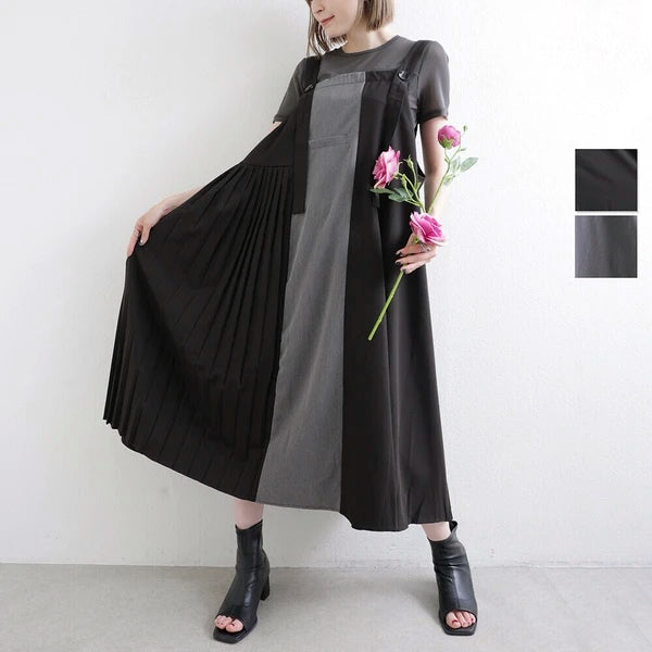 日本JP直送  不對稱色褶襉背帶裙 2025SS 新款{11月30截單;預計10-14工作天發貨｝