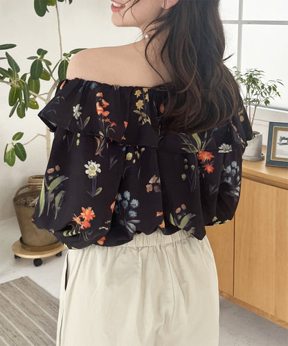 日本JP直送  【2025新品♪】碎花荷葉邊露肩襯衫{11月30截單;預計10-14工作天發貨｝