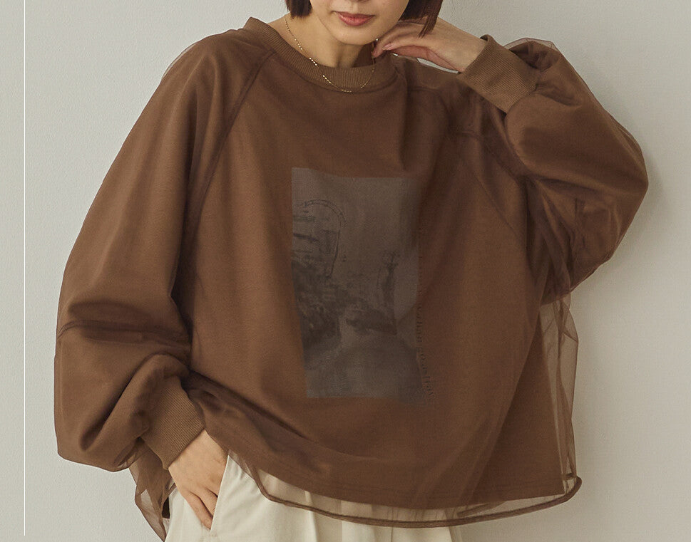 曰本JP直送  紗蕾絲層疊蓬鬆袖印花套頭衫{11月30截單;預計10-14工作天發貨｝