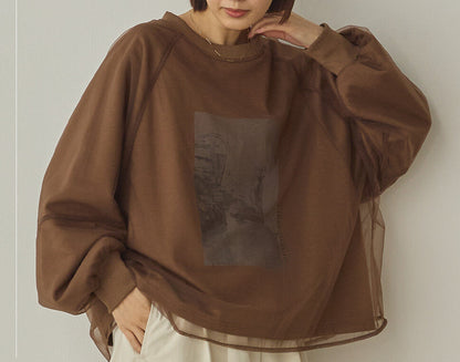 曰本JP直送  紗蕾絲層疊蓬鬆袖印花套頭衫{11月30截單;預計10-14工作天發貨｝