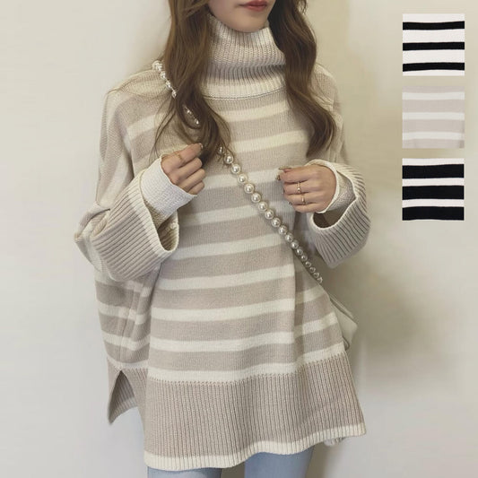 日本JP 直送 【2025秋冬新品 - 三種顏色可選】休閒高領寬條紋針織衫{1月15截單;預計10-14工作天發貨｝