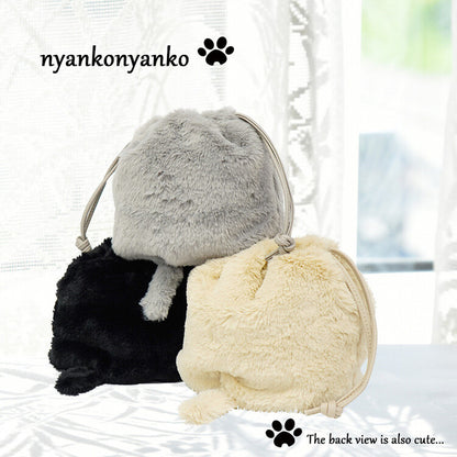 日本JP直送  可愛蓬鬆的黑色貓毛抽繩單肩包，非常適合作為禮物， {3月15截單;預計10-14 工作天發貨}