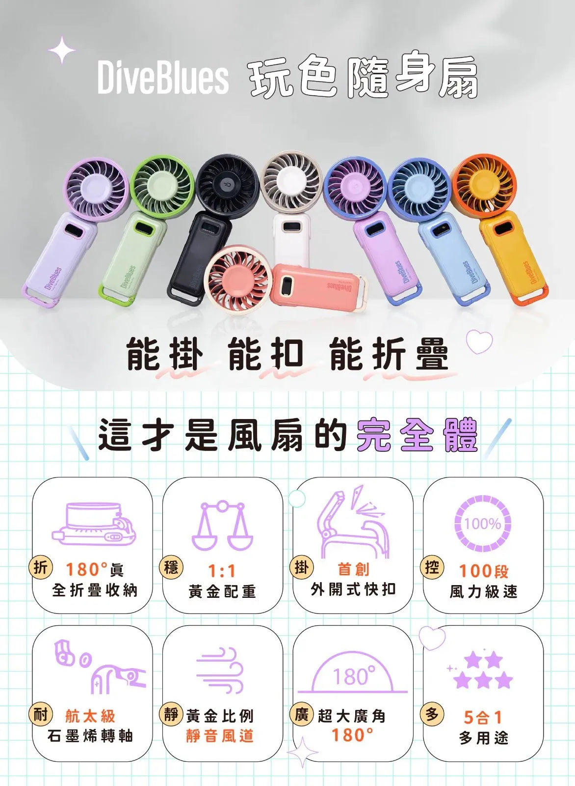 Diveblues 可折疊手持 Fanzy 風扇|全折疊方便收納|風速 1 - 100 檔可調|續航力最多可用12小時|LED屏幕數字顯示{7月12截單;預計10-14 工作天發貨}