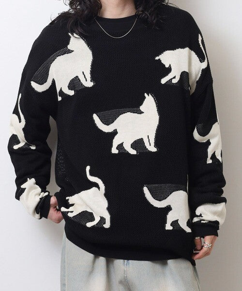 日本JP 直 送   行走貓咪圖案薄紗針織衫{11月30截單;預計10-14工作天發貨｝