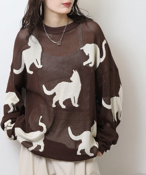 日本JP 直 送   行走貓咪圖案薄紗針織衫{11月30截單;預計10-14工作天發貨｝