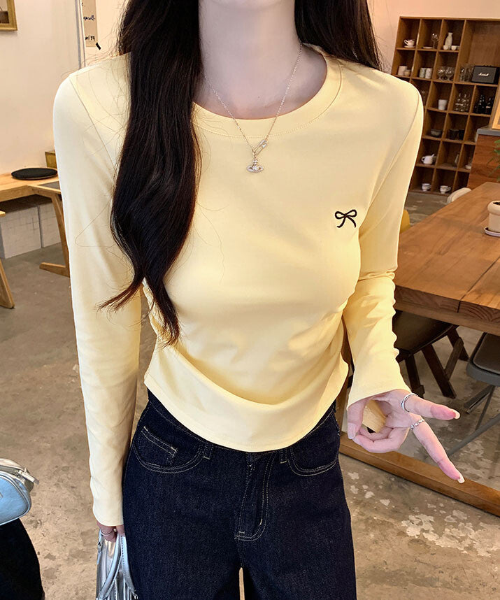 日本JP直送 上衣《蝴蝶結刺繡圓領上衣 4色選配》直送  {11月30截單;預計10-14工作天發貨｝