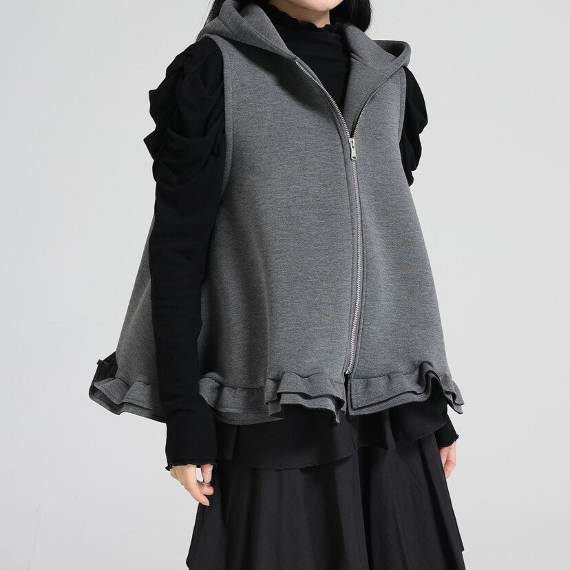 曰本JP送 針織衫【2025新品，當天出貨】荷葉邊下擺黏合連帽背心{11月30截單;預計10-14工作天發貨｝