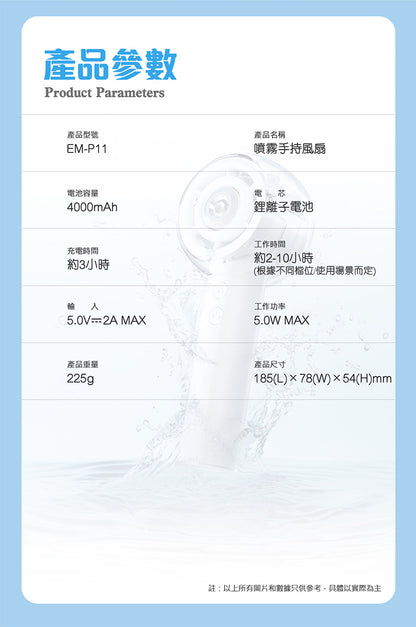 EYEMEGA EM-P11 噴霧手持風扇 {4月15截單;預計10-14 工作天發貨}