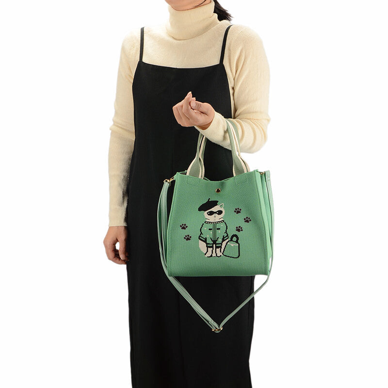 日本JP 直送   【2025新品】時尚貓咪印花針織兩用包 <Minyu> 單肩包 推薦{11月30截單;預計10-14工作天發貨｝