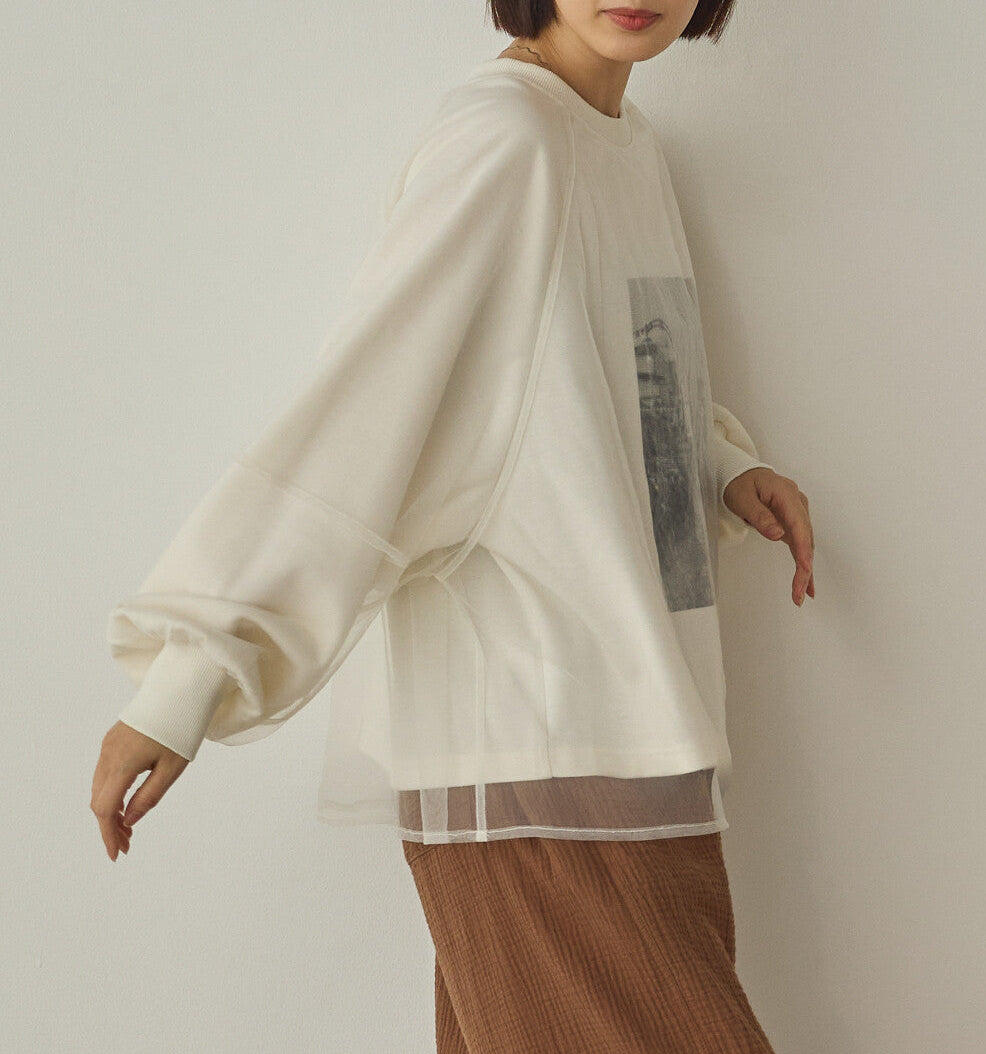 曰本JP直送  紗蕾絲層疊蓬鬆袖印花套頭衫{11月30截單;預計10-14工作天發貨｝