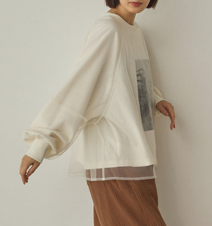 曰本JP直送  紗蕾絲層疊蓬鬆袖印花套頭衫{11月30截單;預計10-14工作天發貨｝