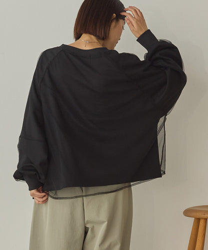 曰本JP直送  紗蕾絲層疊蓬鬆袖印花套頭衫{11月30截單;預計10-14工作天發貨｝