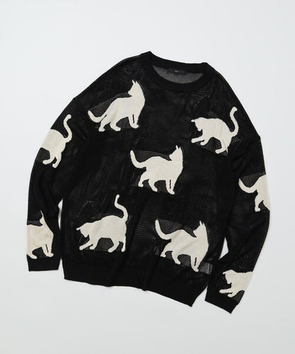 日本JP 直 送   行走貓咪圖案薄紗針織衫{11月30截單;預計10-14工作天發貨｝