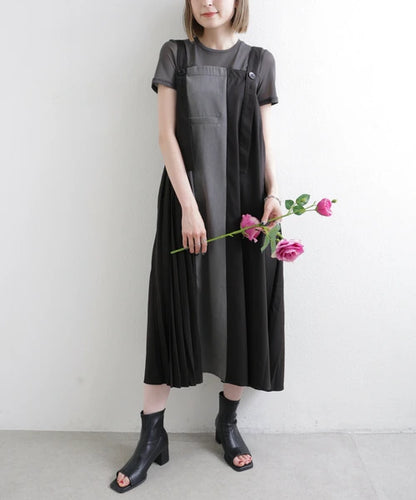 日本JP直送  不對稱色褶襉背帶裙 2025SS 新款{11月30截單;預計10-14工作天發貨｝