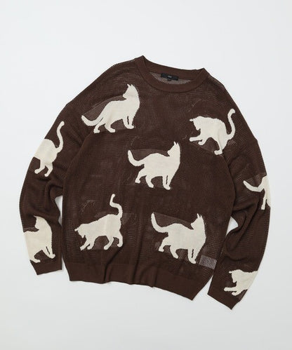 日本JP 直 送   行走貓咪圖案薄紗針織衫{11月30截單;預計10-14工作天發貨｝