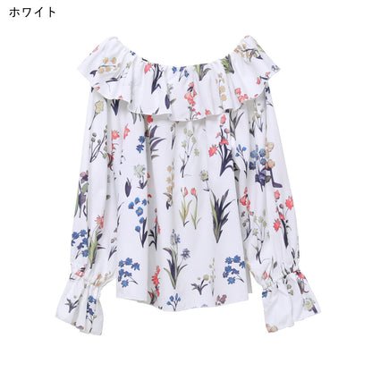 日本JP直送  【2025新品♪】碎花荷葉邊露肩襯衫{11月30截單;預計10-14工作天發貨｝