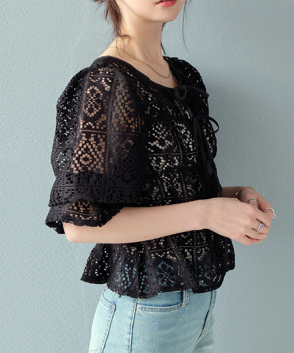 日本JP直送 【2025新品♪】鉤針蕾絲褶皺上衣{11月30截單;預計10-14工作天發貨｝