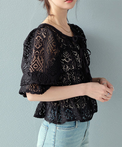 日本JP直送 【2025新品♪】鉤針蕾絲褶皺上衣{11月30截單;預計10-14工作天發貨｝