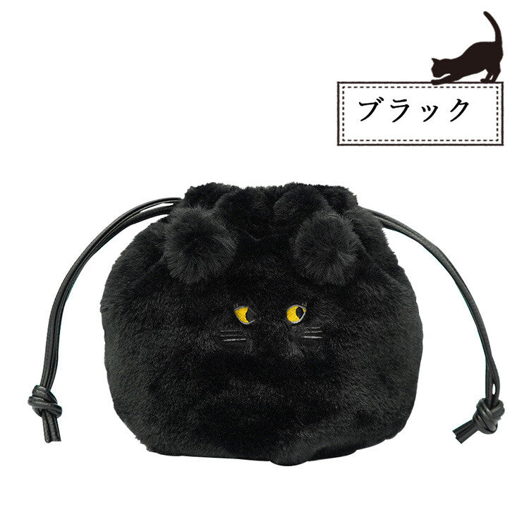 日本JP直送  可愛蓬鬆的黑色貓毛抽繩單肩包，非常適合作為禮物， {3月15截單;預計10-14 工作天發貨}