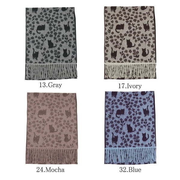 曰本JP直送  日本製 花貓印花窄披肩 發熱保暖防靜電圍巾 {11月30截單;預計10-14工作天發貨｝