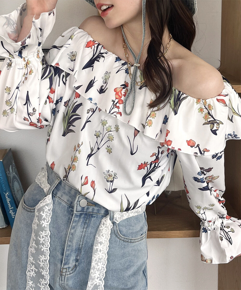 日本JP直送  【2025新品♪】碎花荷葉邊露肩襯衫{11月30截單;預計10-14工作天發貨｝