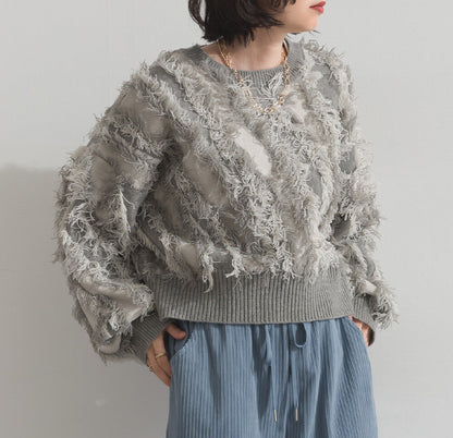 曰本JP直送 馬海毛觸感流蘇提花針織套頭衫 [2025 秋冬新品] {11月30截單;預計10-14工作天發貨｝