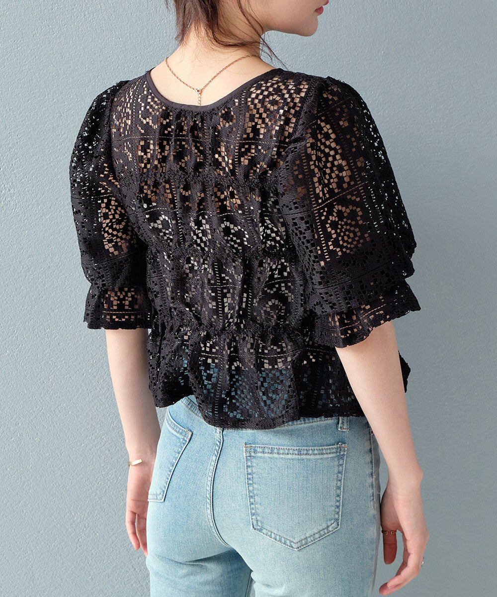 日本JP直送 【2025新品♪】鉤針蕾絲褶皺上衣{11月30截單;預計10-14工作天發貨｝