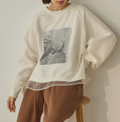 曰本JP直送  紗蕾絲層疊蓬鬆袖印花套頭衫{11月30截單;預計10-14工作天發貨｝