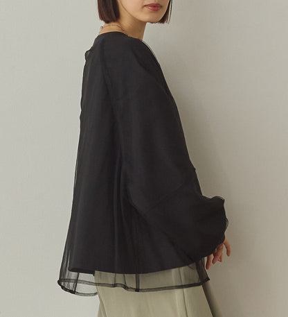 曰本JP直送  紗蕾絲層疊蓬鬆袖印花套頭衫{11月30截單;預計10-14工作天發貨｝