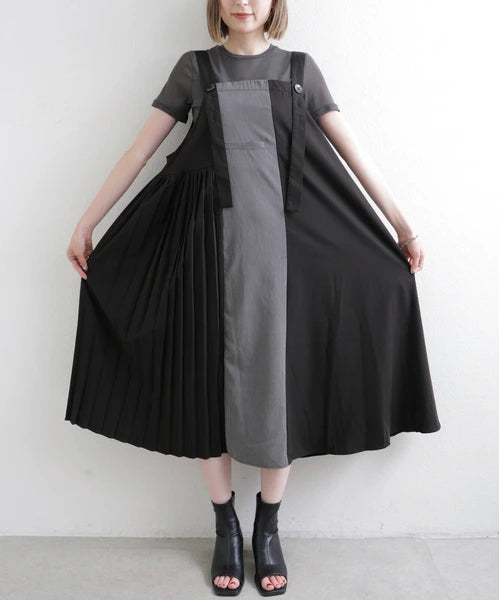 日本JP直送  不對稱色褶襉背帶裙 2025SS 新款{11月30截單;預計10-14工作天發貨｝