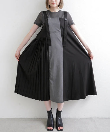 日本JP直送  不對稱色褶襉背帶裙 2025SS 新款{11月30截單;預計10-14工作天發貨｝