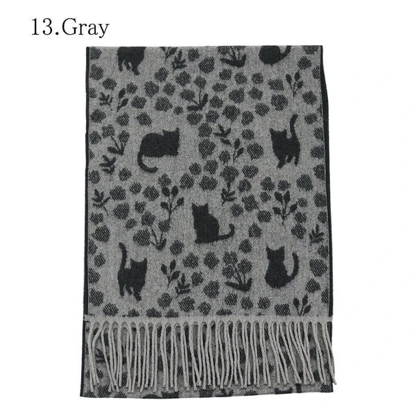 曰本JP直送  日本製 花貓印花窄披肩 發熱保暖防靜電圍巾 {11月30截單;預計10-14工作天發貨｝