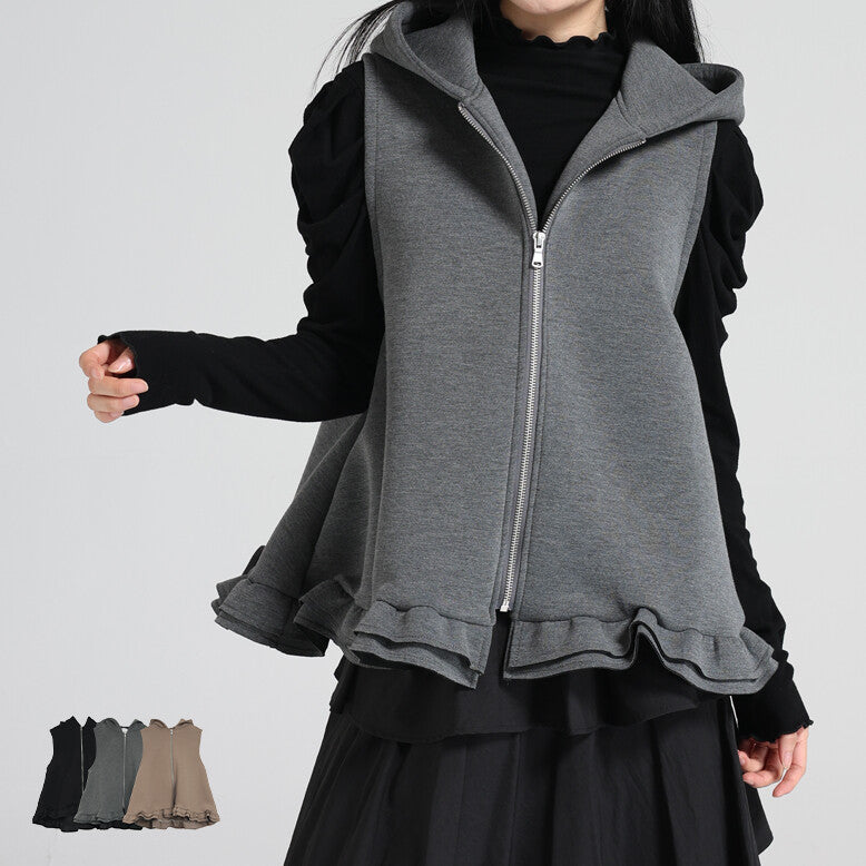 曰本JP送 針織衫【2025新品，當天出貨】荷葉邊下擺黏合連帽背心{11月30截單;預計10-14工作天發貨｝