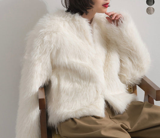 曰本JP直送 長版狐狸毛無領短外套【2025秋冬新品】{11月30截單;預計10-14工作天發貨｝　