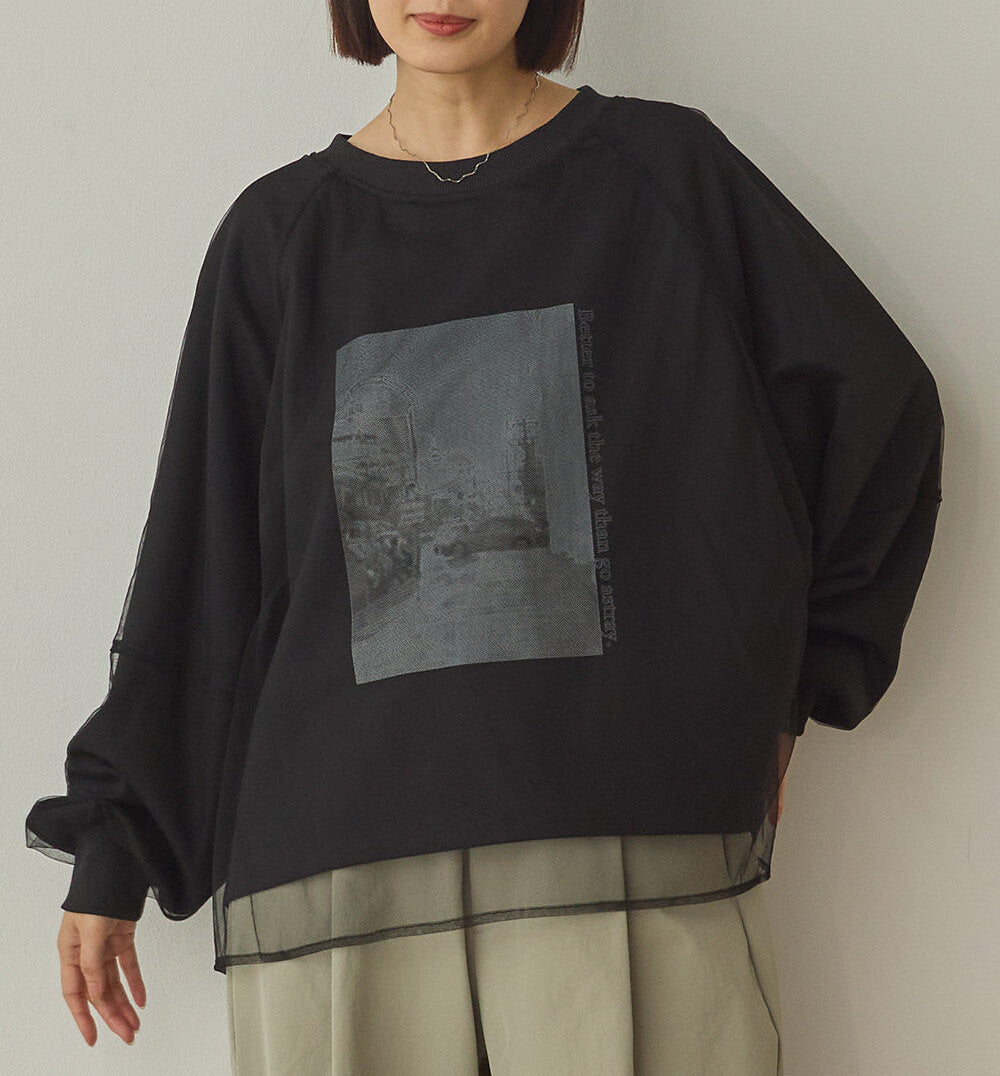 曰本JP直送  紗蕾絲層疊蓬鬆袖印花套頭衫{11月30截單;預計10-14工作天發貨｝