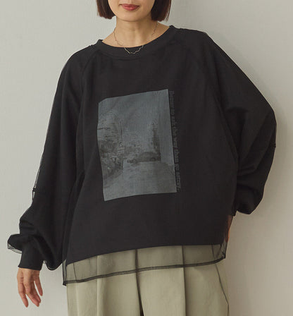 曰本JP直送  紗蕾絲層疊蓬鬆袖印花套頭衫{11月30截單;預計10-14工作天發貨｝