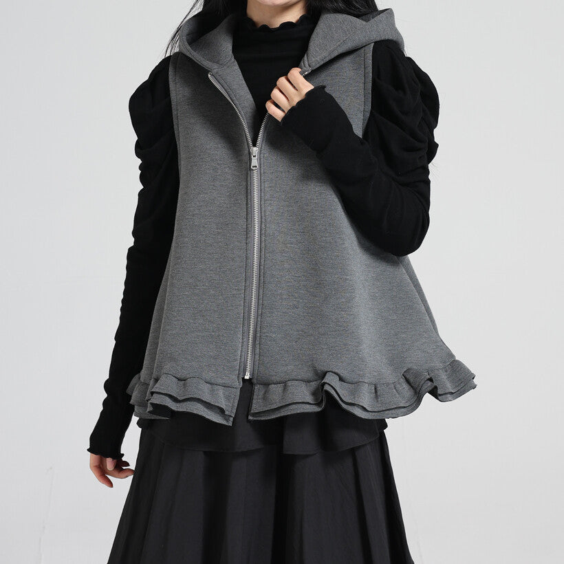 曰本JP送 針織衫【2025新品，當天出貨】荷葉邊下擺黏合連帽背心{11月30截單;預計10-14工作天發貨｝