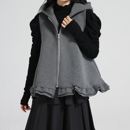 曰本JP送 針織衫【2025新品，當天出貨】荷葉邊下擺黏合連帽背心{11月30截單;預計10-14工作天發貨｝