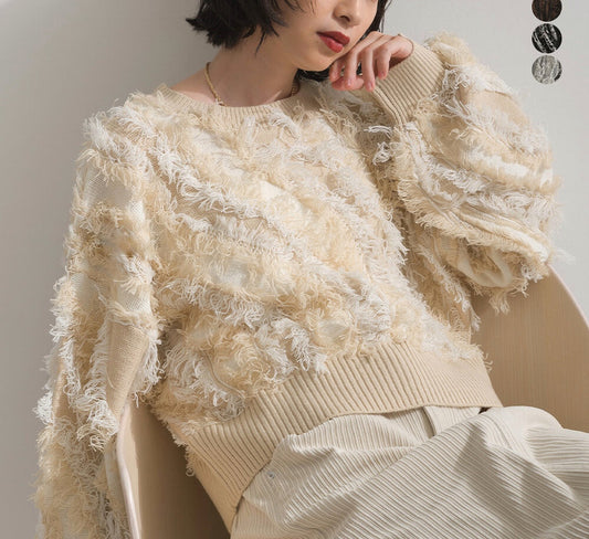 曰本JP直送 馬海毛觸感流蘇提花針織套頭衫 [2025 秋冬新品] {11月30截單;預計10-14工作天發貨｝