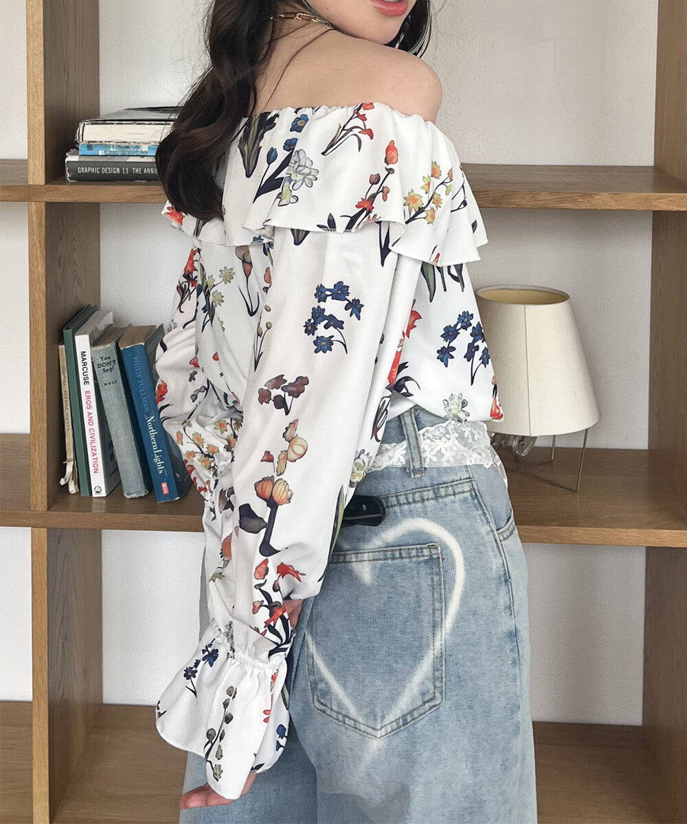 日本JP直送  【2025新品♪】碎花荷葉邊露肩襯衫{11月30截單;預計10-14工作天發貨｝