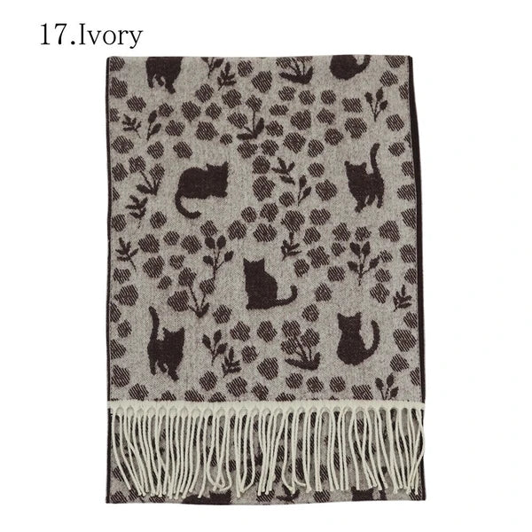 曰本JP直送  日本製 花貓印花窄披肩 發熱保暖防靜電圍巾 {11月30截單;預計10-14工作天發貨｝