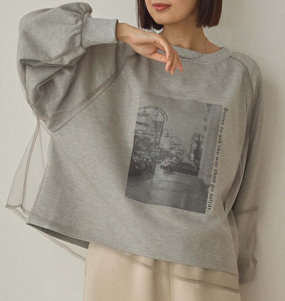 曰本JP直送  紗蕾絲層疊蓬鬆袖印花套頭衫{11月30截單;預計10-14工作天發貨｝