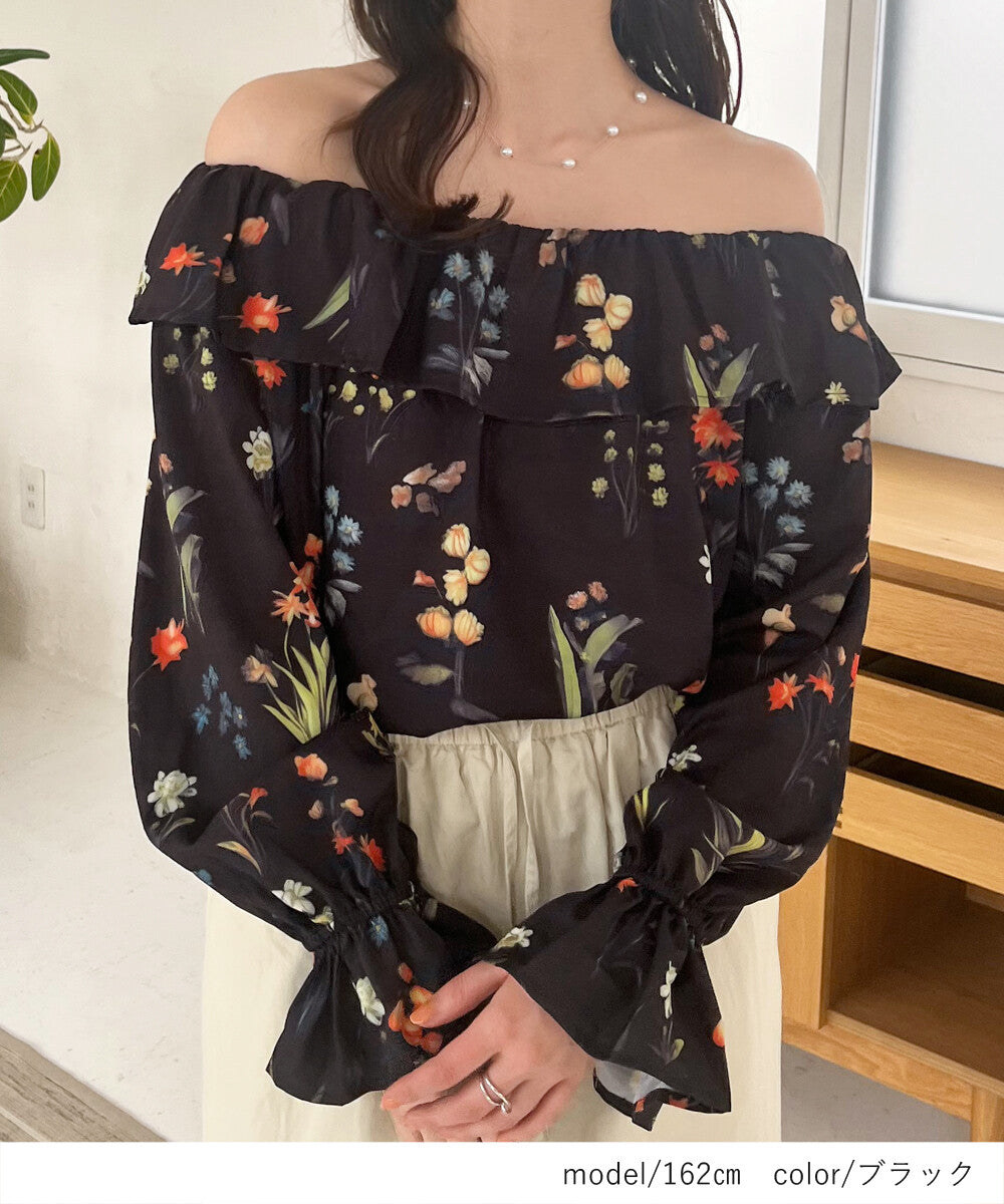 日本JP直送  【2025新品♪】碎花荷葉邊露肩襯衫{11月30截單;預計10-14工作天發貨｝