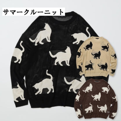 日本JP 直 送   行走貓咪圖案薄紗針織衫{11月30截單;預計10-14工作天發貨｝